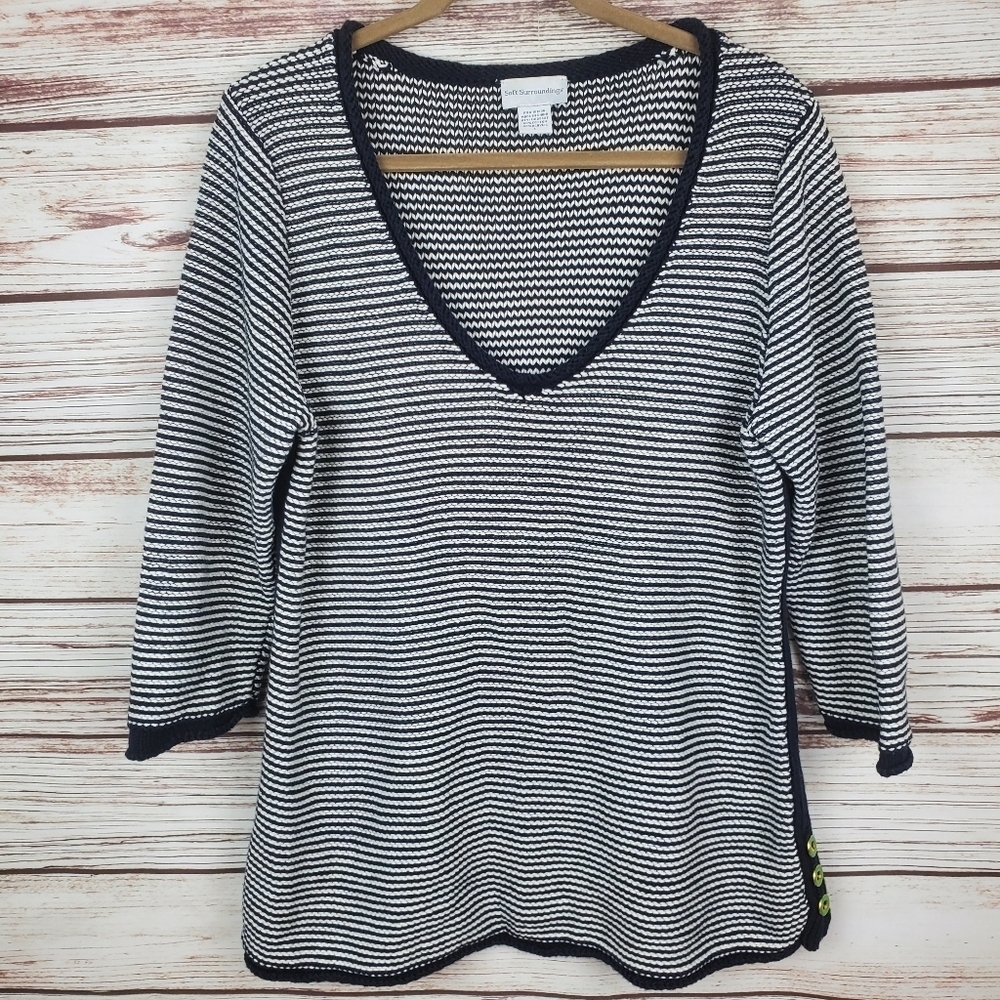 Soft Surroundings Womens Large Navy Blue/White Stripe Chunky V-Neck Sweater   B3